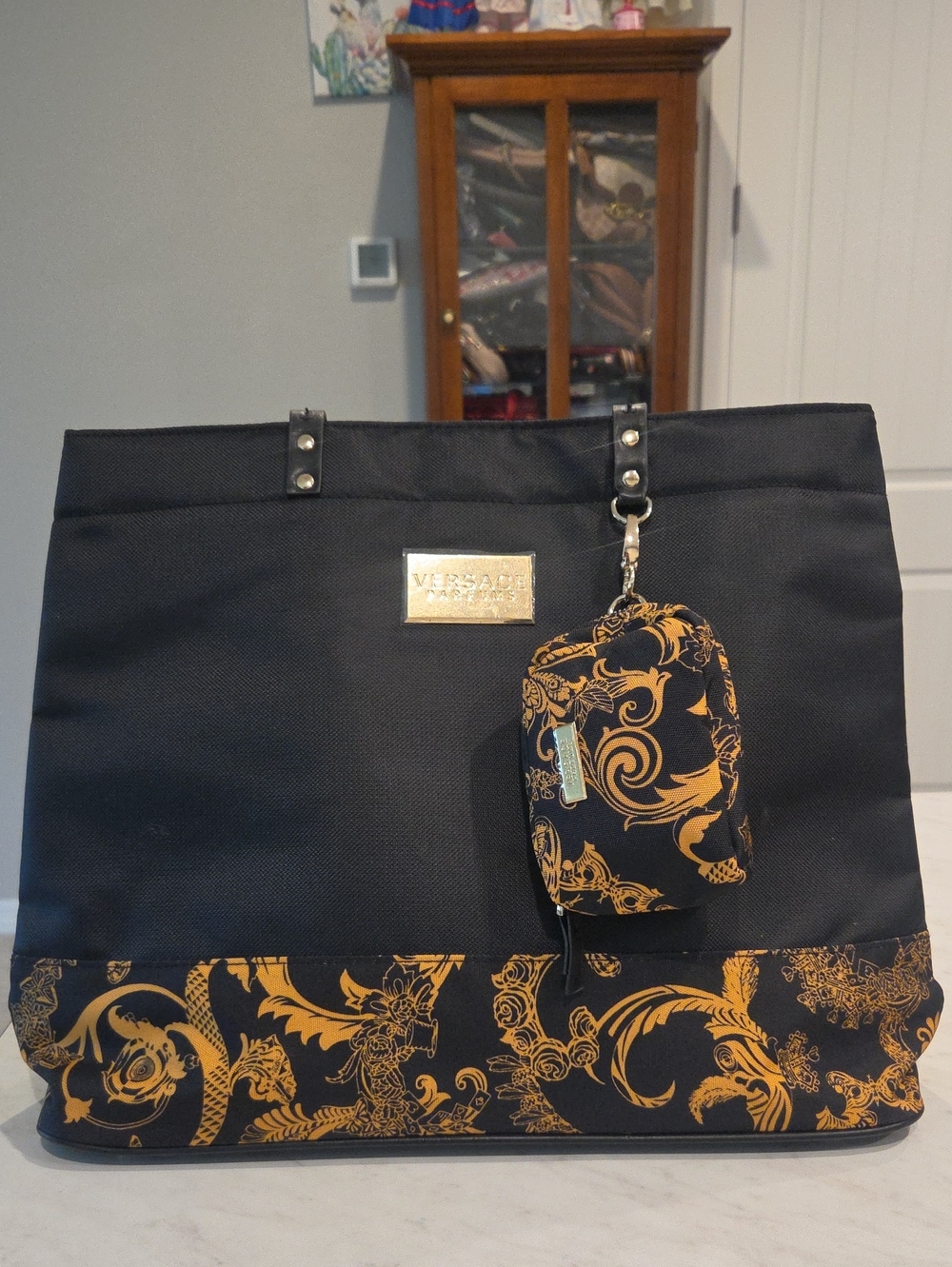 Versace NWOT Black Tote with Gold Baroque Accent and Pouch